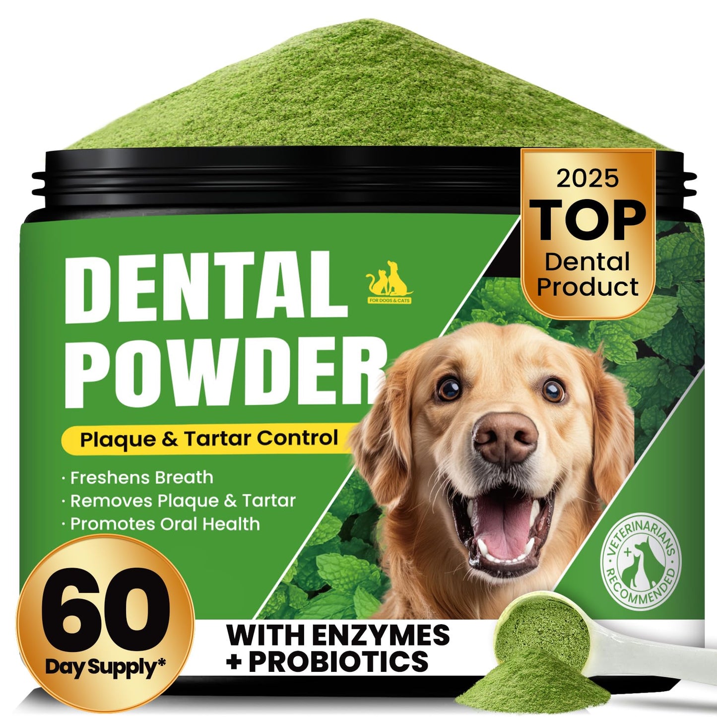 Dog Teeth Cleaning Powder, Dog Dental Powder and Cats Breath Freshener, Plaque Off Pet Tooth Cleaning lab co, Bad Breath & Tartar Remover for Dogs, Dog Teeth Cleaning with Enzymes- 60-Day Supply -Mint