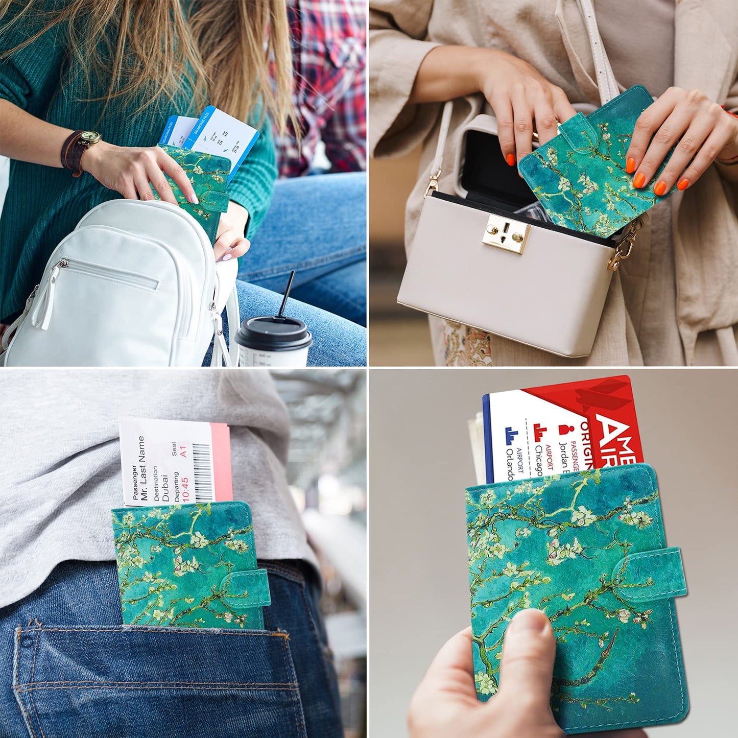 RSAquar Passport and Vaccine Card Holder Combo, Passport Holder Cover Wallet, Leather Card Case Travel Accessories with RFID Blocking for Women and Men (Almond Blossom)