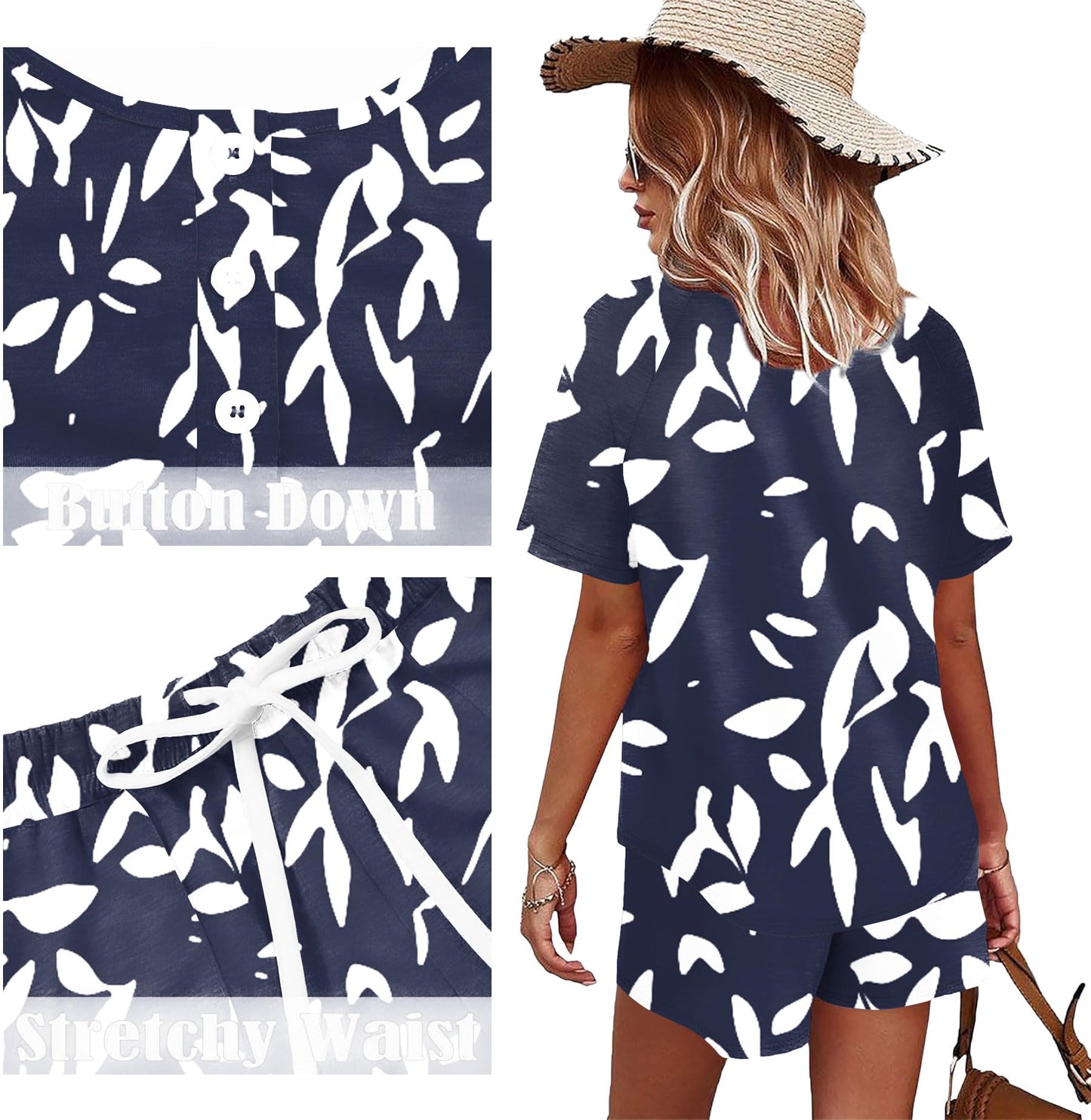 WIHOLL 2 Piece Sets For Women Summer Lounge Wear Matching Pajamas Set Graphic Tees And Shorts Track Suits Spring Break Clothes Floral Blue M