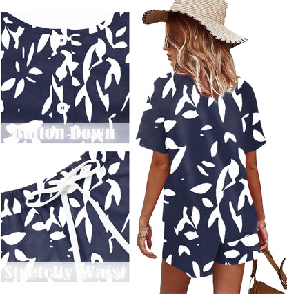 WIHOLL 2 Piece Sets For Women Summer Lounge Wear Matching Pajamas Set Graphic Tees And Shorts Track Suits Spring Break Clothes Floral Blue M