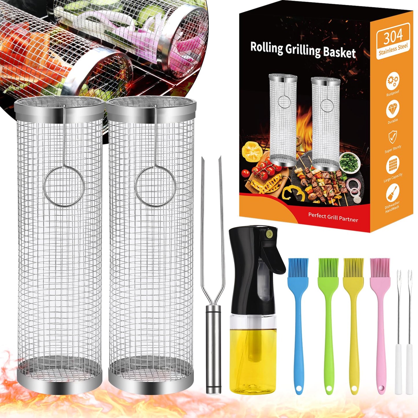 Rolling Grill Baskets (2PCS), Stainless Steel Grill Basket, Dishwasher Safe BBQ Grill Accessories Portable Grill Baskets for Outdoor Grill for Fish, Shrimp, Meat, Vegetables, Fries Outdoor Cooking Camping