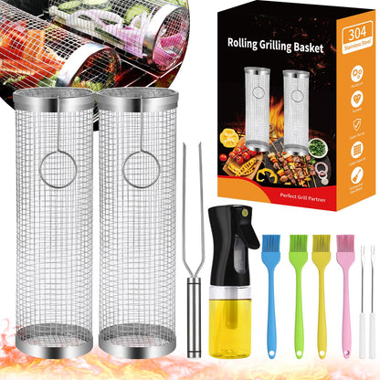 Rolling Grill Baskets (2PCS), Stainless Steel Grill Basket, Dishwasher Safe BBQ Grill Accessories Portable Grill Baskets for Outdoor Grill for Fish, Shrimp, Meat, Vegetables, Fries Outdoor Cooking Camping