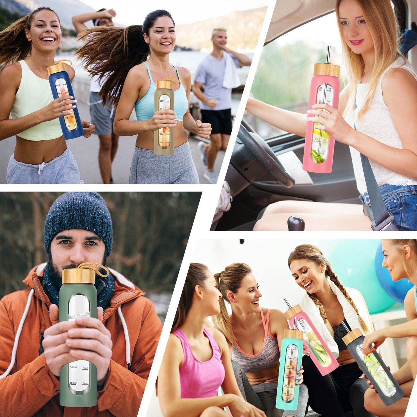 SipZest 32 oz Glass Water Bottles with Straw - Motivational Bottle with Time Marker & Silicone Sleeve - Reusable Tumbler Includes 2 Bamboo Lids & Fruit Infuser - 1 Pack