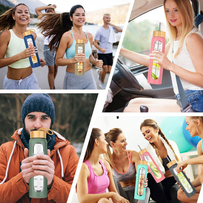 SipZest 32 oz Glass Water Bottles with Straw - Motivational Bottle with Time Marker & Silicone Sleeve - Reusable Tumbler Includes 2 Bamboo Lids & Fruit Infuser - 1 Pack