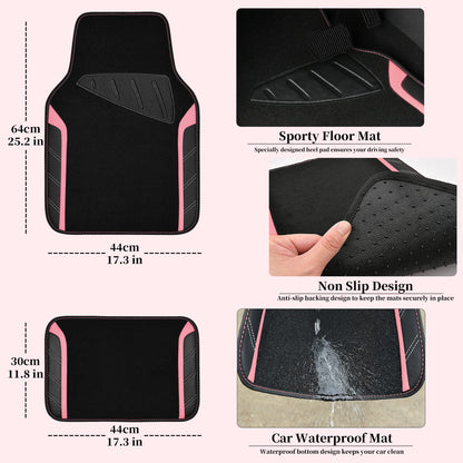 CAR PASS Microfiber Steering Wheel Cover and Waterproof Car Floor Mats,Leather Universal Car Combo Fit for 95% Truck,SUV,Cars,14.5-15inch Sporty Anti-Slip Safety Comfortable Design(Black and Pink)