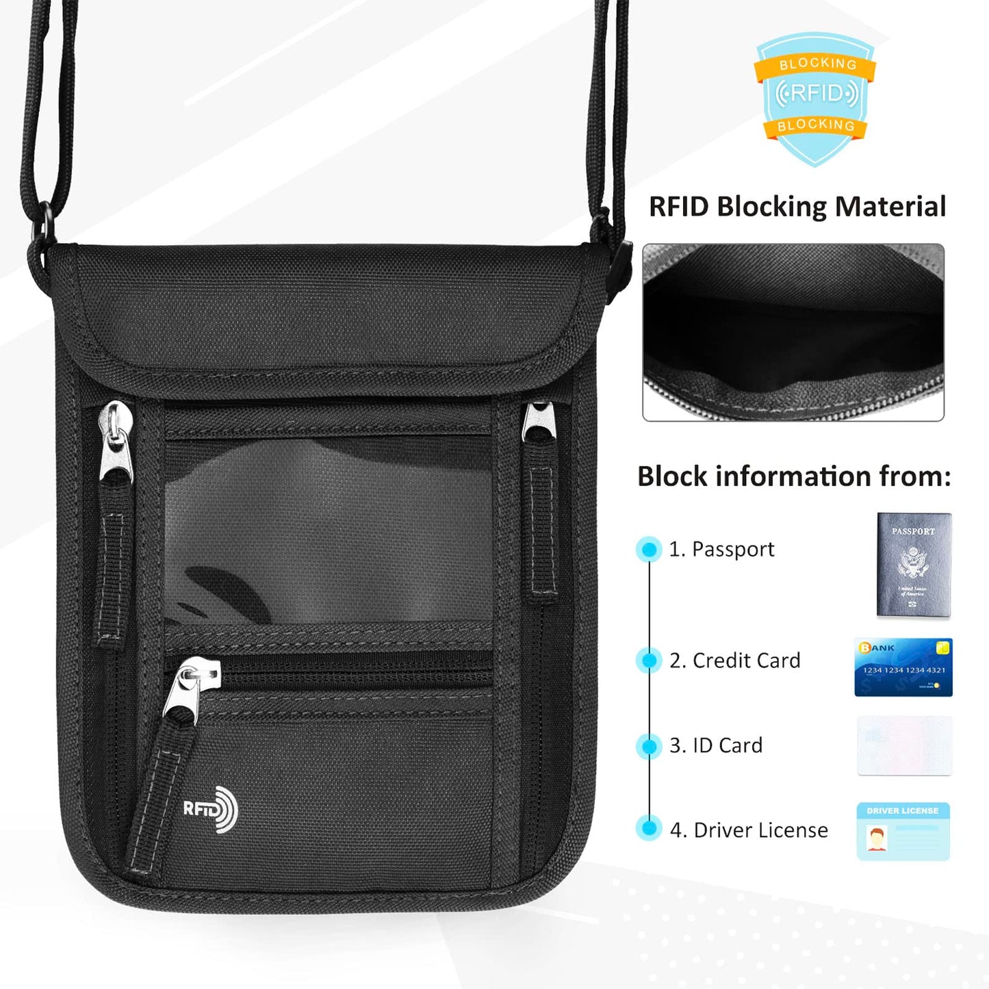 WALNEW Passport Holder Neck Pouch Travel Wallet for Women and Men, RFID Blocking Security Slim Traveling Wallet with Around Neck Lanyard Strap, Black