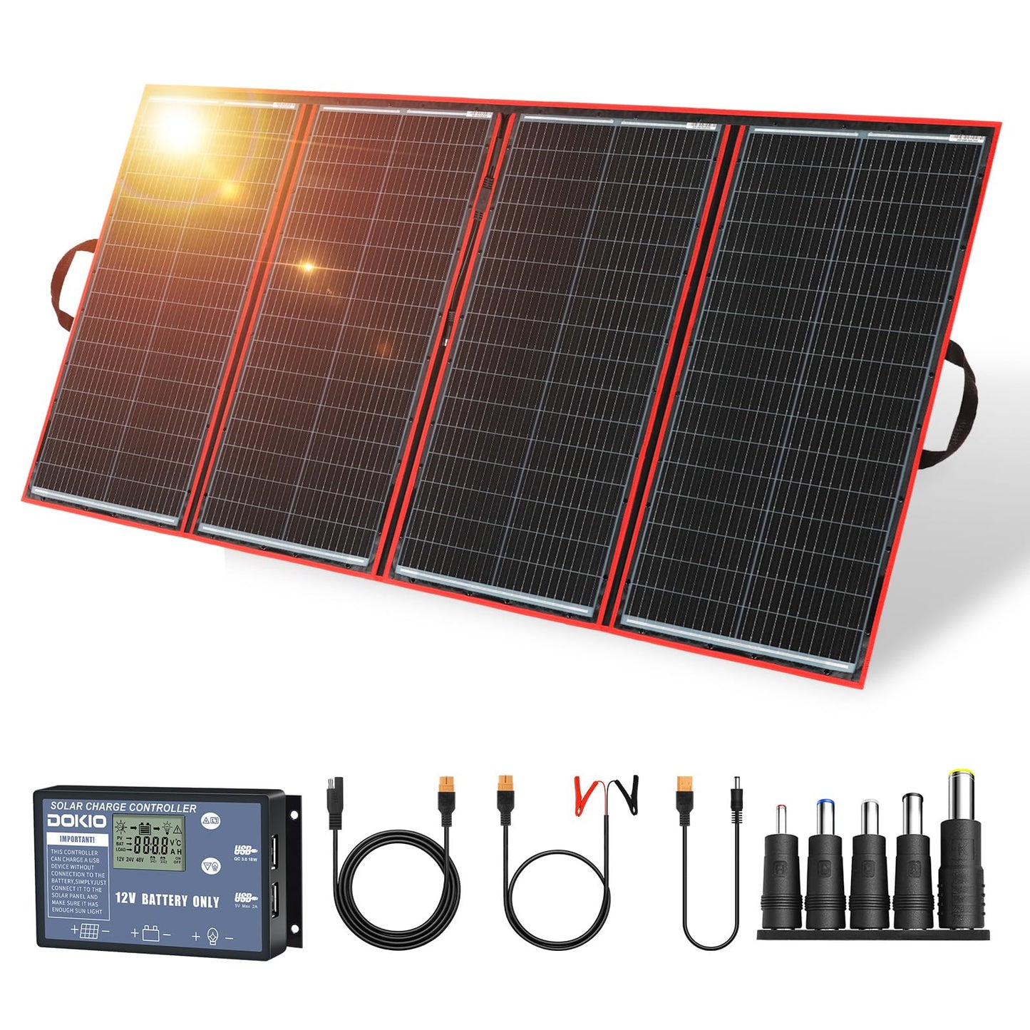DOKIO 300W Portable Foldable Solar Panel Kit (21x40in, 17lb), with Separate Controller and Dual USB, Monocrystalline Charger for 12V Batteries & Power Stations, RV Camping Trailer Emergency Backup