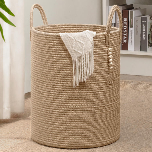 Goodpick Boho Jute Laundry Hamper Basket, Wicker Laundry Basket with Handles, Tall Baby Nursery Hamper, Large Woven Blanket Storage for Living Room, Bedroom, 16" x 20"