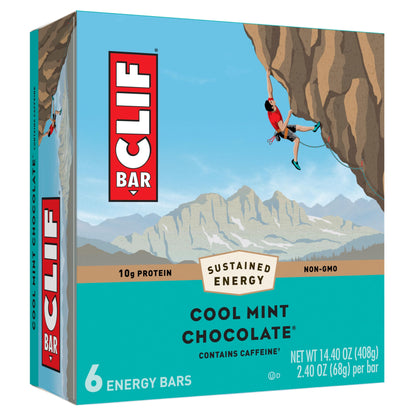 CLIF BAR - Cool Mint Chocolate with Caffeine - Made with Organic Oats - 10g Protein - Non-GMO - Plant Based - Energy Bars - 2.4 oz. (6 Pack)
