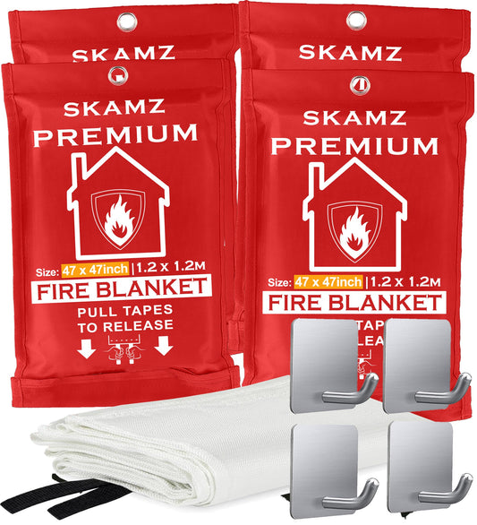 SKAMZ Premium Emergency Fire Blanket for Home and Kitchen - XLarge - 47.2" x 47.2" - 4 Packs Fiberglass Fire Blankets for House Rapid Fire Suppression, Flame Retardant Blanket