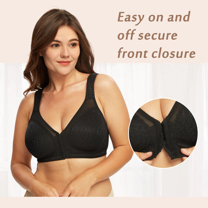 DotVol Women's Full Figure Front Closure Wirefree Jacquard Back Support Posture Bra(Black,44DDD)