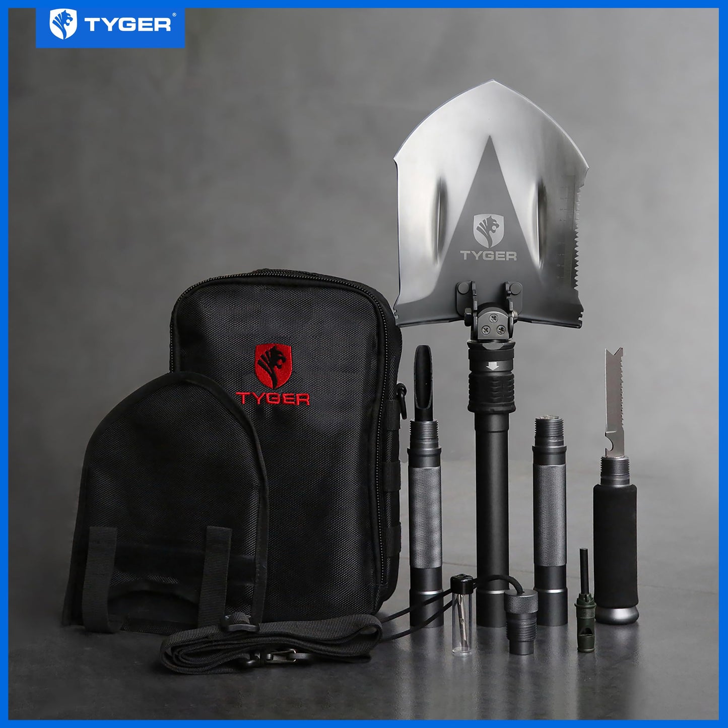 Tyger Auto Folding Shovel TG-SV8U3217 Military Heavy Duty Survival Shovel 16-in-1 Multitool Compact Camp Shovel with Bag for Camping, Hiking, Off-Roading, Outdoor, Tactical, Emergency