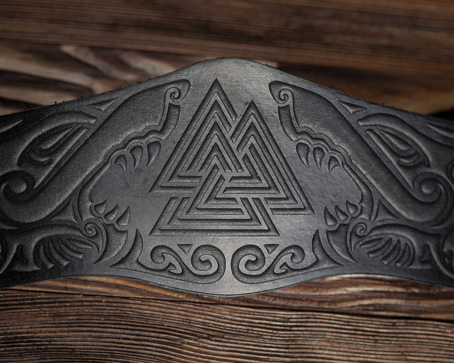 Stahlgilde 100% Real Leather Viking Cuff Bracelet - Handmade Valknut Black Wristband - Gift for Men Women - Genuine Leather Viking Punk Lv Axe Сuffs - Size M for wrist 6.5"-7.5" 90wc