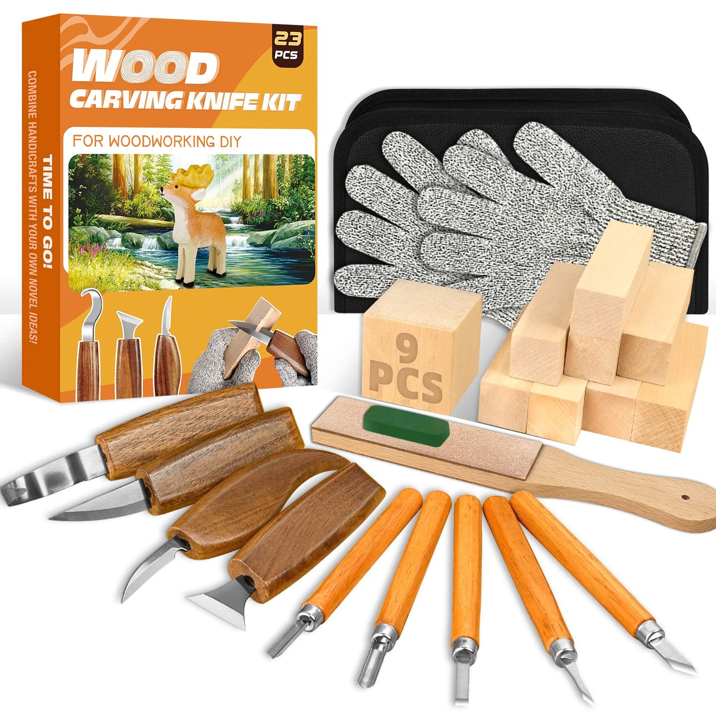 Wood Carving Kit, 23pcs Wood Carving Tools with 4 Wood Carving Knives 5 Detail Knives 9 Blocks, Whittling Kit DIY Hobbies for Adults
