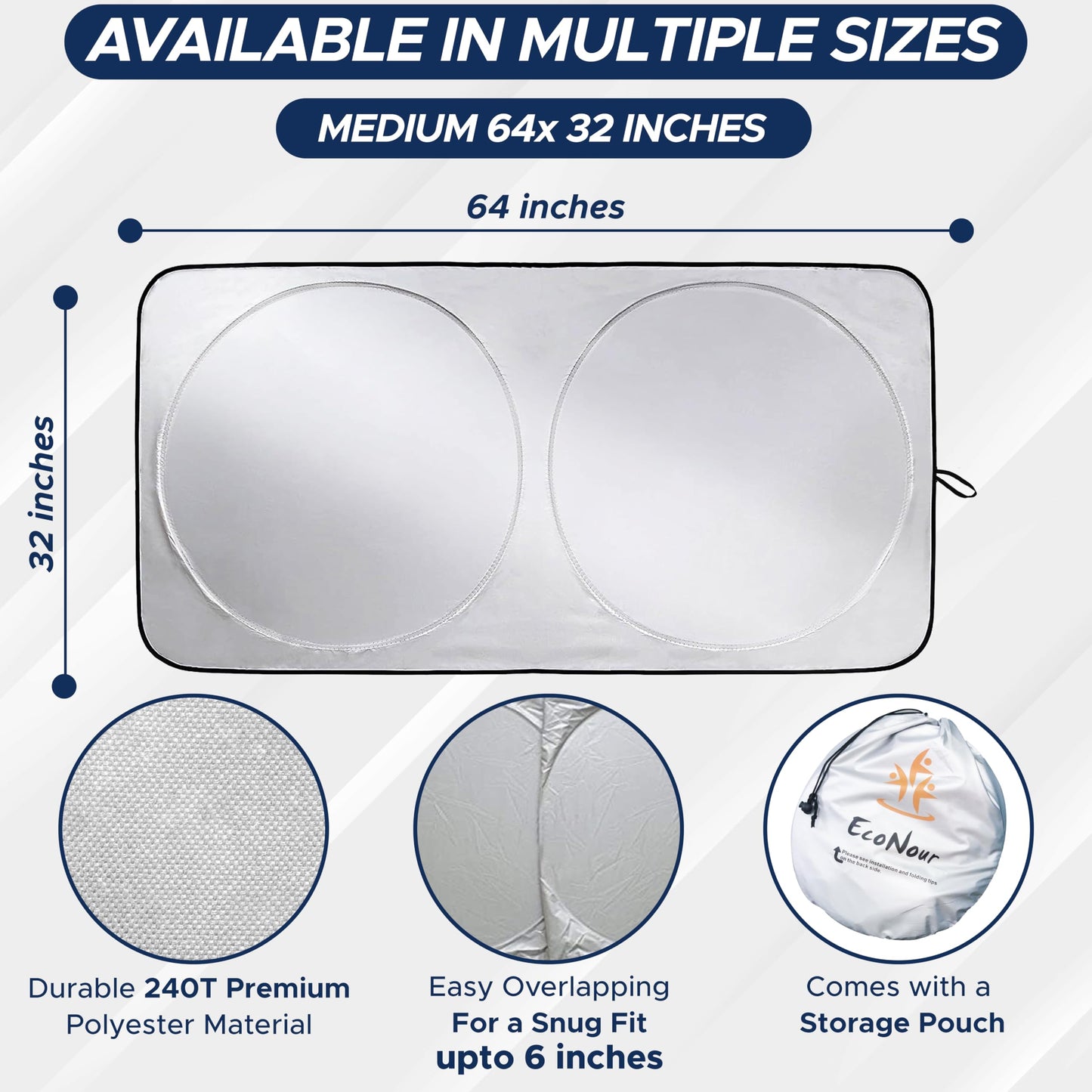 EcoNour Patented Design Car Windshield Sun Shade | Blocks 99% Heat & Keeps Interior Cool | Fits Cars, SUVs, Trucks | Automotive Sun Screen, Visor & Car Accessories for Summer | Medium (64x32 Inches)