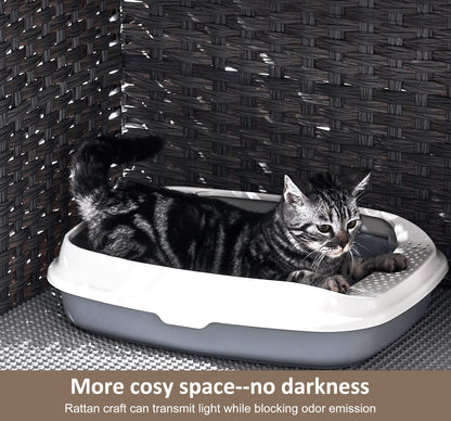 Cat Litter Box Enclosure with Soft Litter Mat; Hidden Kitten Washroom Furniture with Door; Handwoven Rattan Cat House with Large Space; Pet Crate for Living Room, Bedroom, Balcony (Grey)