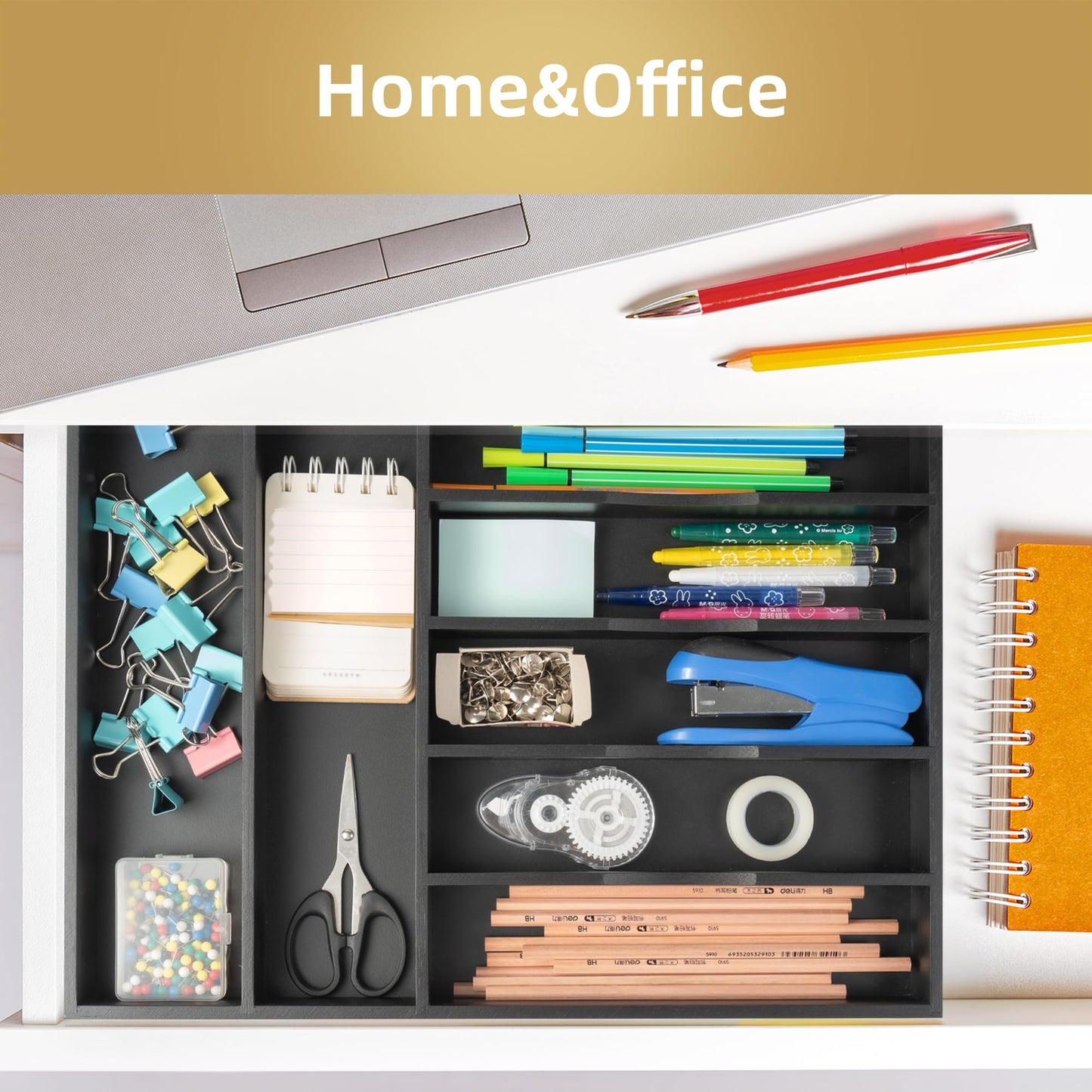 Besilord Silverware Organizer Kitchen Drawer Organizer Utensil Organizer Bamboo Silverware Holder Cutlery Organizer in Drawer Flatware Organizer Tray(7 slots, Black