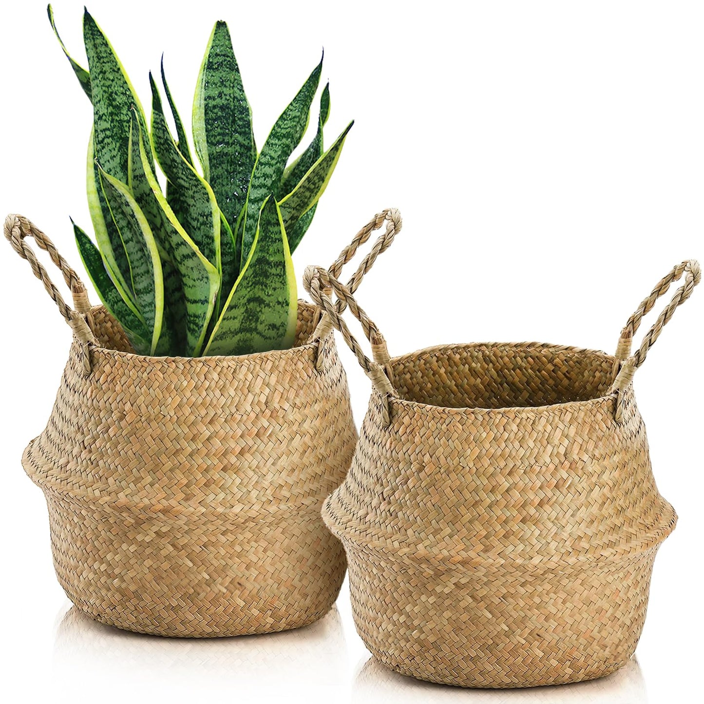 Yesland 2 Pack Woven Seagrass Plant Basket with Handles, Ideal Wicker Baskets Storage Plant Pot Baskets for Laundry, Picnic, Plant Pot Cover, Beach Bag and Grocery Basket (L)
