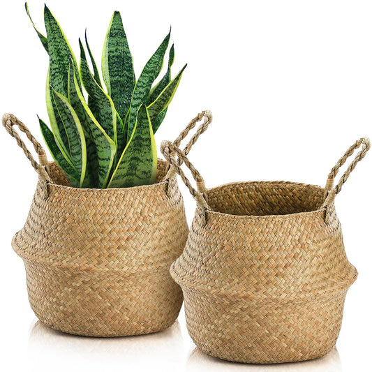 Yesland 2 Pack Woven Seagrass Plant Basket with Handles, Ideal Wicker Baskets Storage Plant Pot Baskets for Laundry, Picnic, Plant Pot Cover, Beach Bag and Grocery Basket (L)