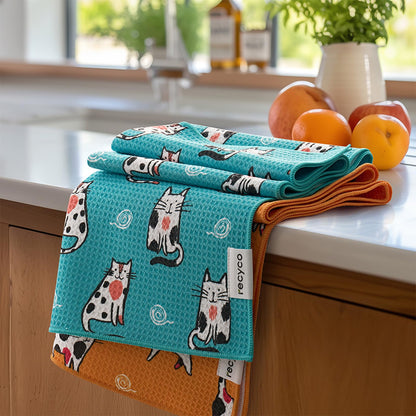 RECYCO Waffle Kitchen Towel Set of 2 - Quick Dry Microfiber Sustainable Dish Towels - Ultra Absorbent Reusable Cleaning Tea Towels - Lightweight Hand Towels,16”x 28”, Cuddly Cats