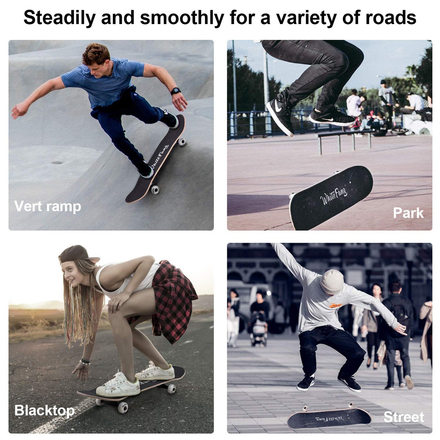 WhiteFang Skateboards for Beginners, Complete Skateboard 31 x 7.88, 7 Layer Canadian Maple Double Kick Concave Standard and Tricks Skateboards for Kids and Beginners (Check)