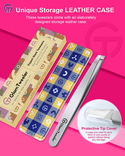 Expert Slant Tip Tweezers with Leather Case, GlamTweeler Sharp & Precision Stainless Steel Tweezer for Eyebrows, Facial Hair and Fine Hairs Removal (Silver)