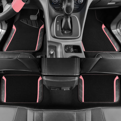 CAR PASS Microfiber Steering Wheel Cover and Waterproof Car Floor Mats,Leather Universal Car Combo Fit for 95% Truck,SUV,Cars,14.5-15inch Sporty Anti-Slip Safety Comfortable Design(Black and Pink)