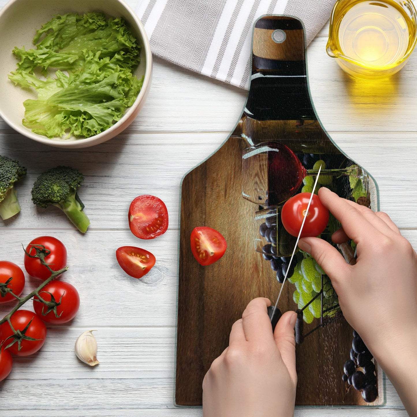 Ambesonne Wine Cutting Board, Glasses of Red and White Wine Served with Grapes French Gourmet Tasting, Decorative Tempered Glass Cutting and Serving Board, Wine Bottle Shape, Brown Ruby