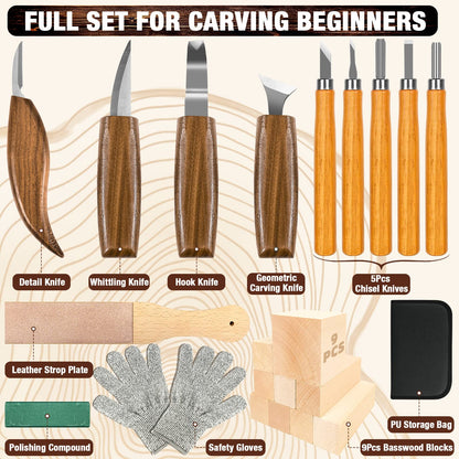 Wood Carving Kit, 23pcs Wood Carving Tools with 4 Wood Carving Knives 5 Detail Knives 9 Blocks, Whittling Kit DIY Hobbies for Adults