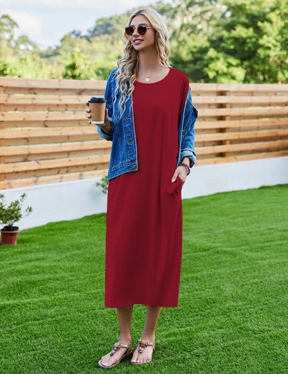 Ekouaer Womens V-Neck Cotton Nightgown Oversized Loose Fit Long Sleep Dress Purplish Red XX-Large