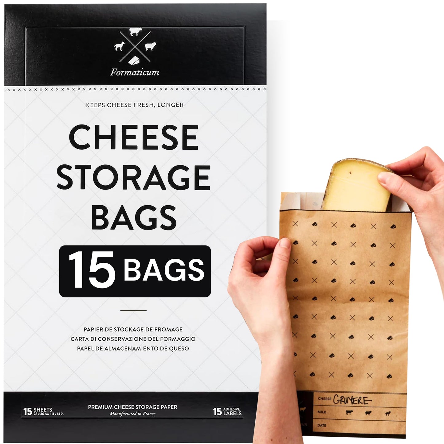 Formaticum - 15-Pack Cheese Storage Bags - 6.25 x 11 Wax Paper Bags to Keep Cheese or Charcuterie Fresh - Professional Grade Cheese Paper for Wrapping Cheese - Porous Brown Paper Bags From France