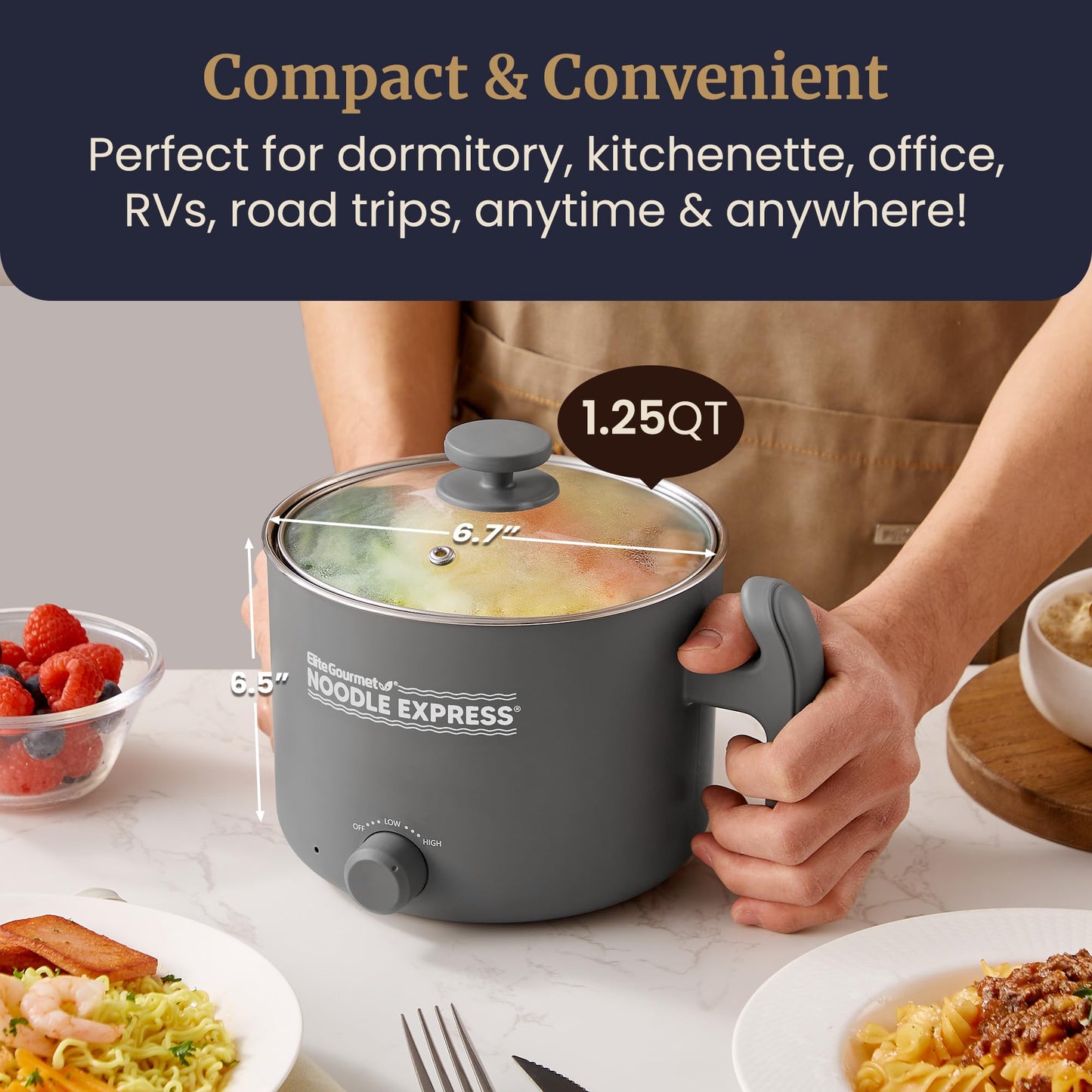 Elite Gourmet NOODLE EXPRESS™ Hot Pot, Prepare Ramen, Rice, Soups, Stews, Boil Water, Stainless-Steel Interior, Glass Lid, High/Low/Off Settings, Grey