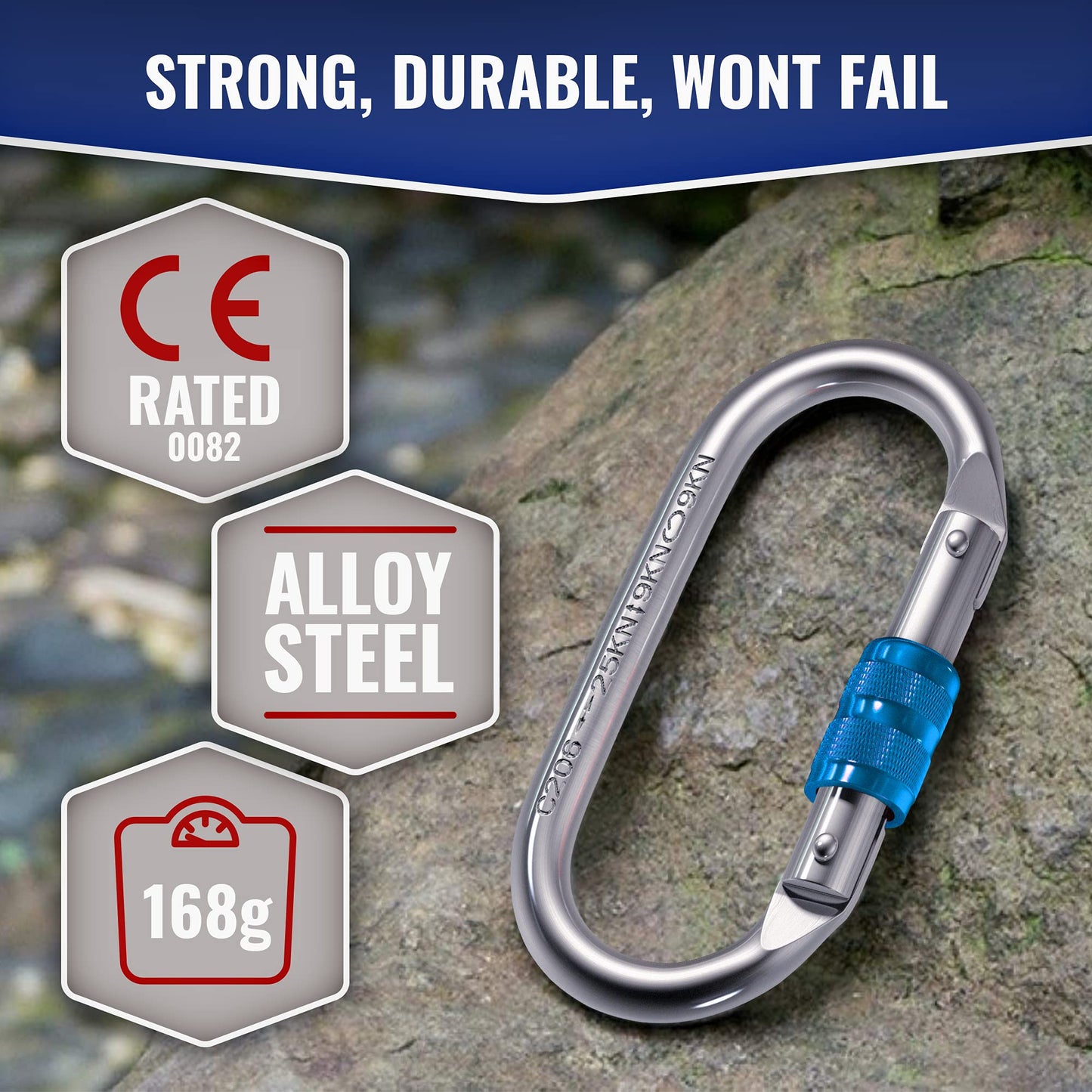 XTEK Climbing Carabiner 25kN – Heavy Duty Steel Locking Carabiner Clip – Large O-Shape Oval Caribeaner for Rock Climbing, Mountaineering, Rappelling – CE/UIAA Certified Climbing Gear