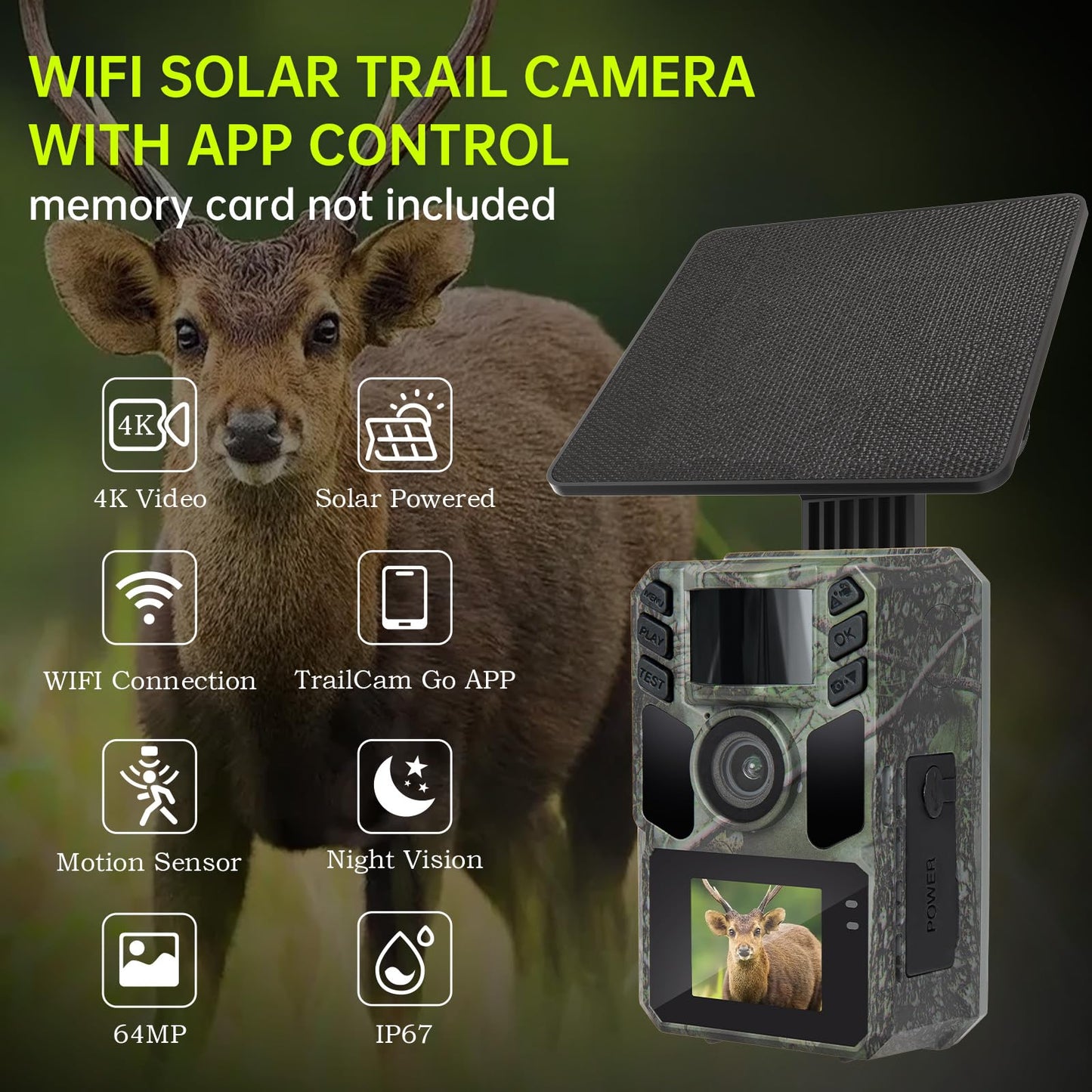 FKPCAM Trail Camera 4K 64MP Solar WiFi Game Hunting Camera with Night Vision– Built-in 5000mAh Battery, IP67 Waterproof, Motion Activated, 64GB Memory Card