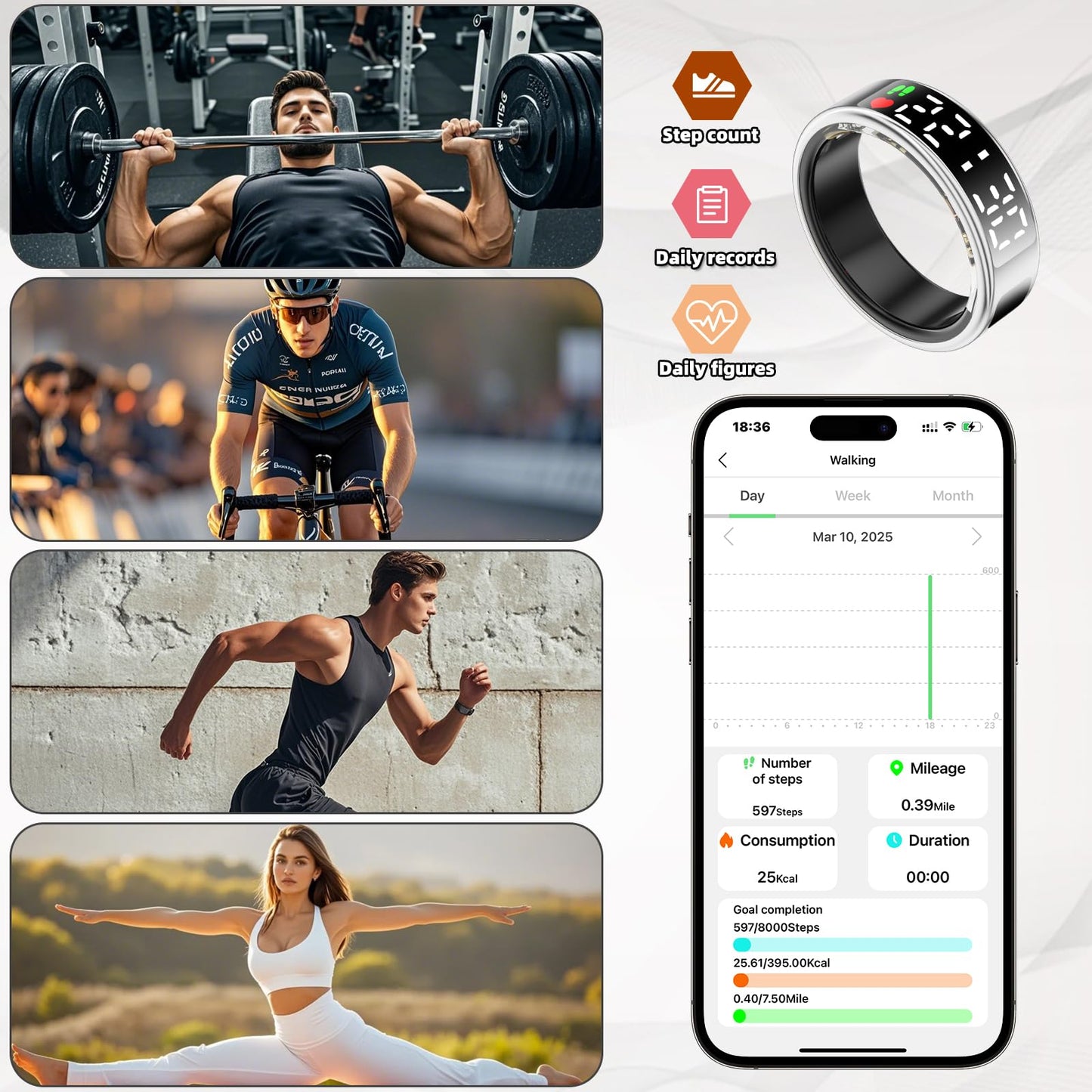 Smart Rings for Men Women,Fitness Tracker Ring,Smart Ring whth Display and Touch Button,IP68waterproof,Health Ring Tracks Heart Rate/Sleep/Steps/Blood Oxygen/Calorie/Distance,No Subscription(Silver13)