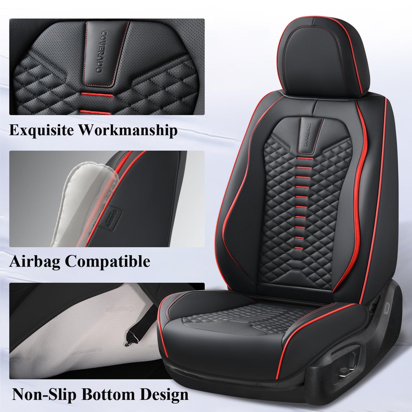 Coverado Seat Covers Full Set, Waterproof Nappa Leather Seat Covers for Cars, 5 Seats Universal Car Seat Protectors, Black Car Seat Covers Car Seat Cushions Fit for Most Cars (Black&Red)