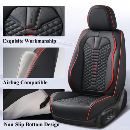 Coverado Seat Covers Full Set, Waterproof Nappa Leather Seat Covers for Cars, 5 Seats Universal Car Seat Protectors, Black Car Seat Covers Car Seat Cushions Fit for Most Cars (Black&Red)