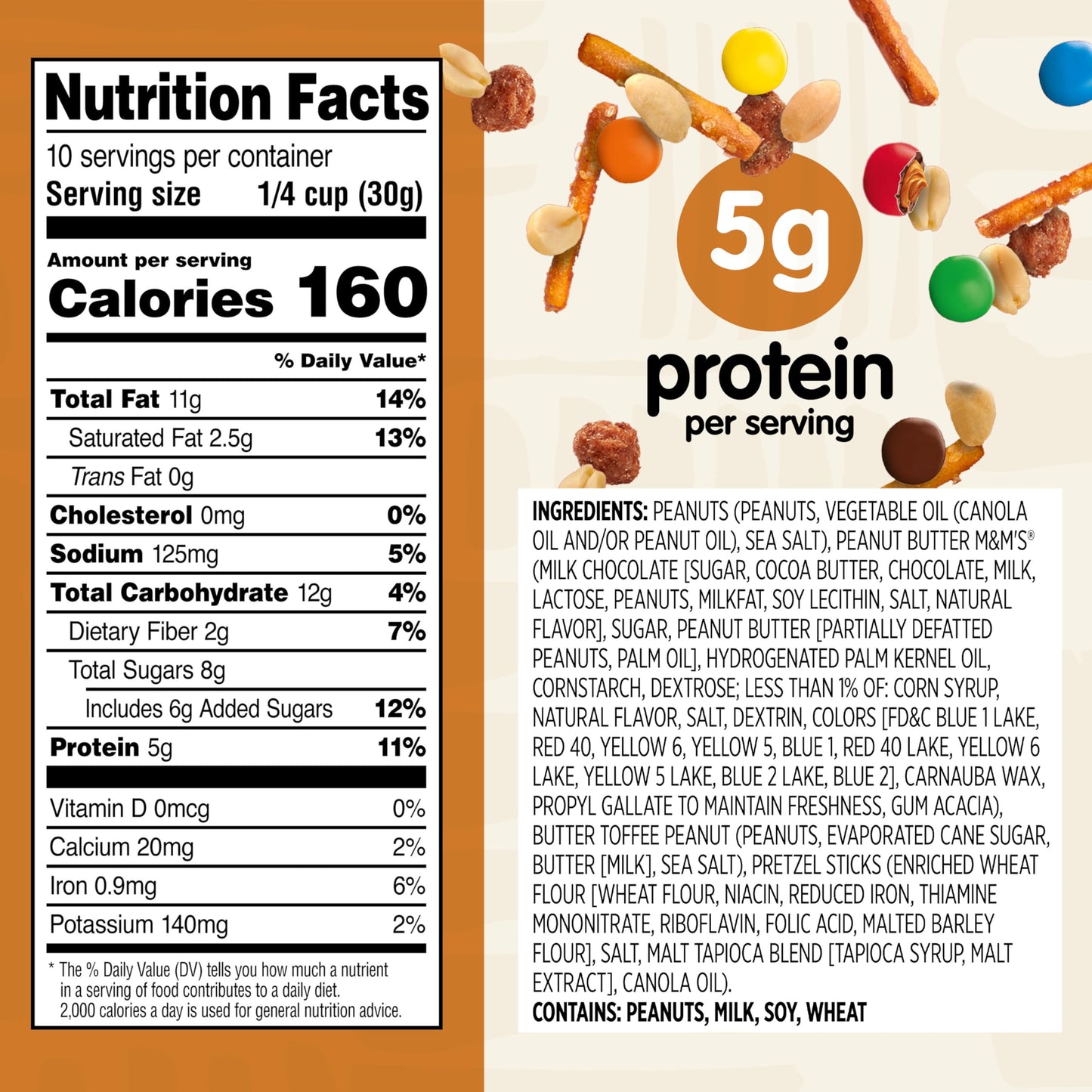 Snak Club Peanut Butter Chocolate Trail Mix with Peanuts, Peanut Butter M&M’S, Toffee Peanuts, and Pretzels, 11 oz Resealable Bag