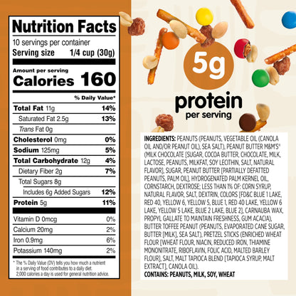 Snak Club Peanut Butter Chocolate Trail Mix with Peanuts, Peanut Butter M&M’S, Toffee Peanuts, and Pretzels, 11 oz Resealable Bag
