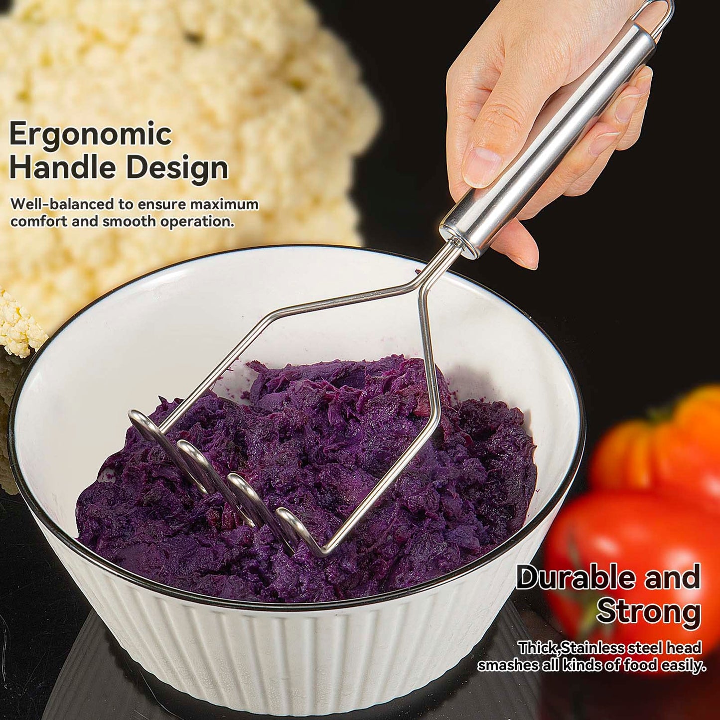 VOOVAO 2 Pcs Potato Masher for Potatoes, Heavy Duty Stainless Steel Integrated Kitchen Tool