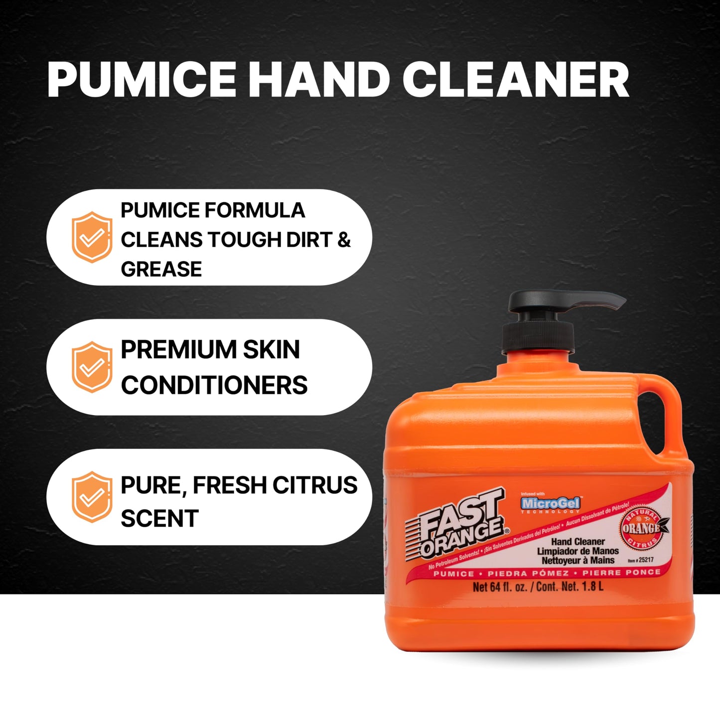 Fast Orange Permatex 25217 Pumice Lotion, Heavy Duty Hand Cleaner, Natural Citrus Scent, Waterless Cleaner For Mechanics, Strong Grease Fighter, 1/2 Gallon, Orange, 64 Fl Oz (Pack of 1)