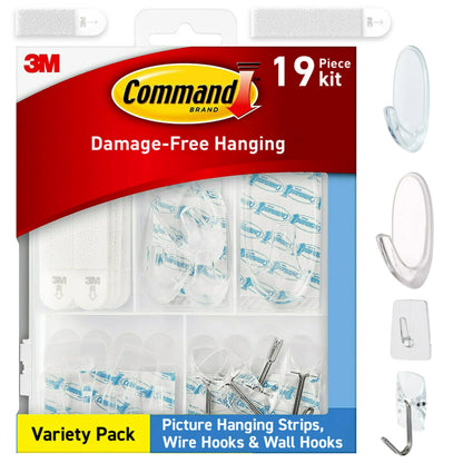 Command Clear Variety Pack, Including 8 Pairs of Picture Hangers, 4 Clear Wire Hooks and 11 Wall Hooks for Hanging Home Decor, Damage-Free Hanging Up to 19 Items with Command Strips