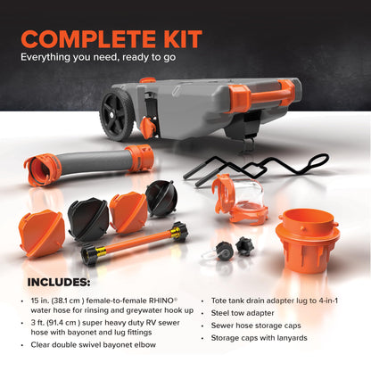 Camco Rhino 36-Gallon Camper/RV Tote Tank - Features Large Heavy-Duty No-Flat Wheels & Built-In Gate Valve - Removable Steel Tow Adapter, 3’ Sewer Hose & More RV Accessories (39006)
