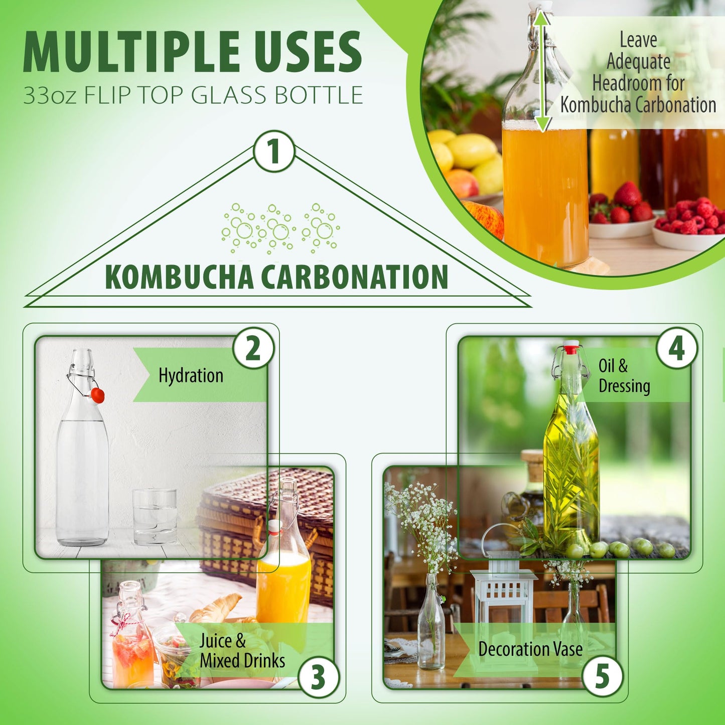 Flip Top Glass Bottle [1 Liter / 33 fl. oz.] [Pack of 6] – Swing Brewing with Stopper for Beverages, Oil, Vinegar, Kombucha, Beer, Water, Soda, Kefir Airtight Lid & Leak Proof Cap Clear