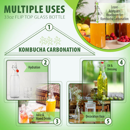 Flip Top Glass Bottle [1 Liter / 33 fl. oz.] [Pack of 6] – Swing Brewing with Stopper for Beverages, Oil, Vinegar, Kombucha, Beer, Water, Soda, Kefir Airtight Lid & Leak Proof Cap Clear