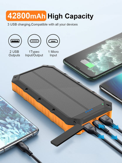 Solar-Power-Bank-Portable-Charger-42800mAh Solar Phone Charger with 4 USB Ports/LED Flashlight Fast Charge USB C External Backup Battery Pack Compatible with iPhone Tablet, for Outdoor, Camping
