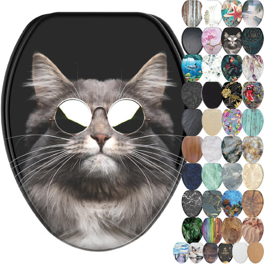 Sanilo Soft Close Toilet Seat ELONGATED, Quiet and Slow Close Lid and Seat, Strong Bumpers and Hinges (Cool Cat)