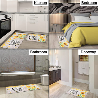 WERNNSAI Sunflower Kitchen Decor Rugs Set- 2 Piece Kitchen Mats Non-Slip Kitchen Backing Area Rugs Sweet Home Doormat Washable Waterproof Standing Mat for Indoor Outdoor Entry Floor (Sunflower A)
