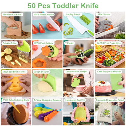 50PCS Kids Kitchen Cooking Set - Crocodile Wooden Kid Safe Knife Cutting Board Apron Gloves Fruit Vegetable Crinkle Cutters Peeler Serrated Edges Plastic Toddlers Knives, Kids Knifes for Real Cooking
