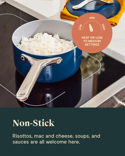 Caraway Nonstick Ceramic Sauce Pan with Lid (1.75 qt) - Non Toxic, PTFE & PFOA Free - Oven Safe & Compatible with All Stovetops (Gas, Electric & Induction) - Gray